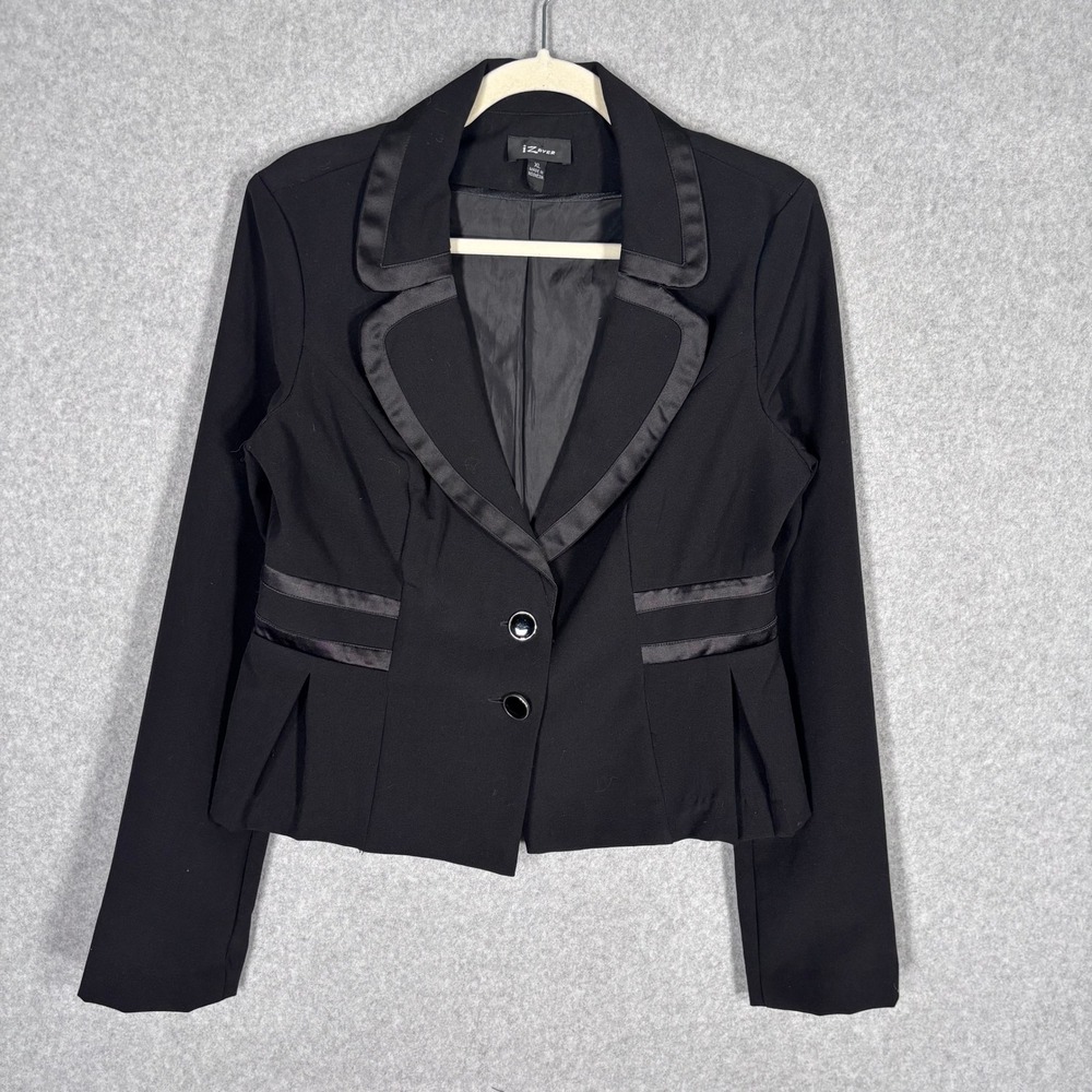 Y2K Tuxedo Blazer XL Black Satin Trim Peplum Pleated Tailored Office Chic 2000s